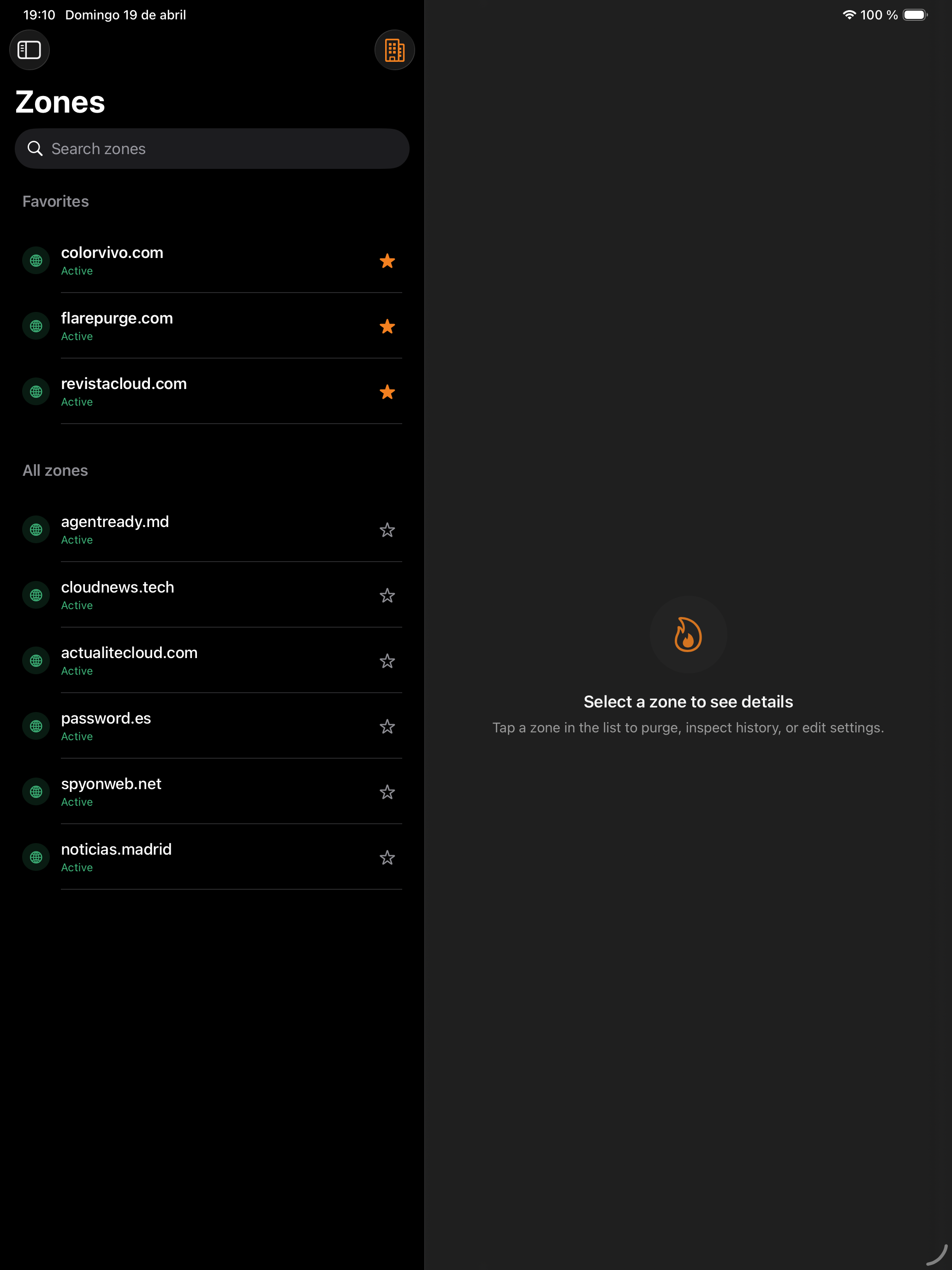 Your zones, grouped by account. Favorites pinned on top.