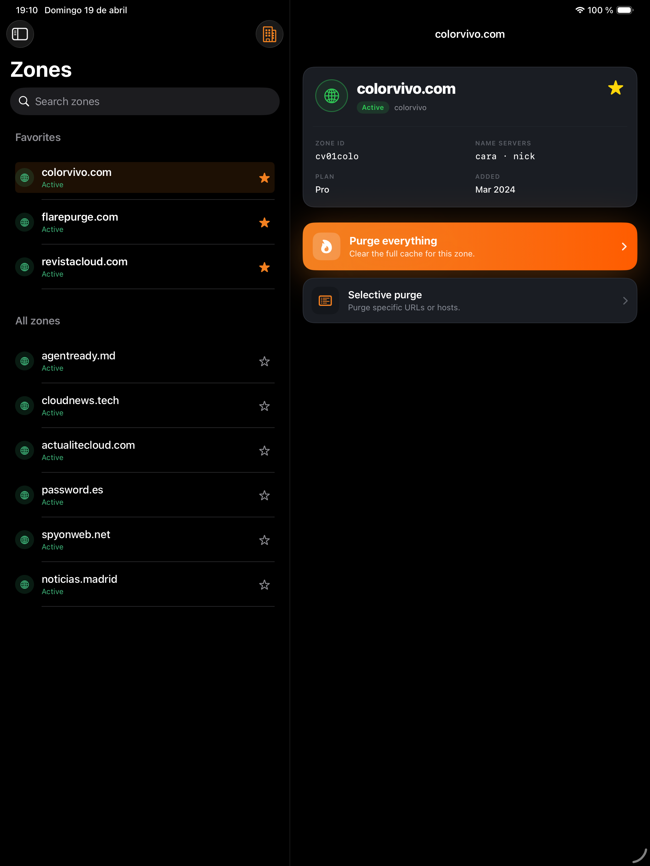 Zone detail with plan, name servers, account and creation date.