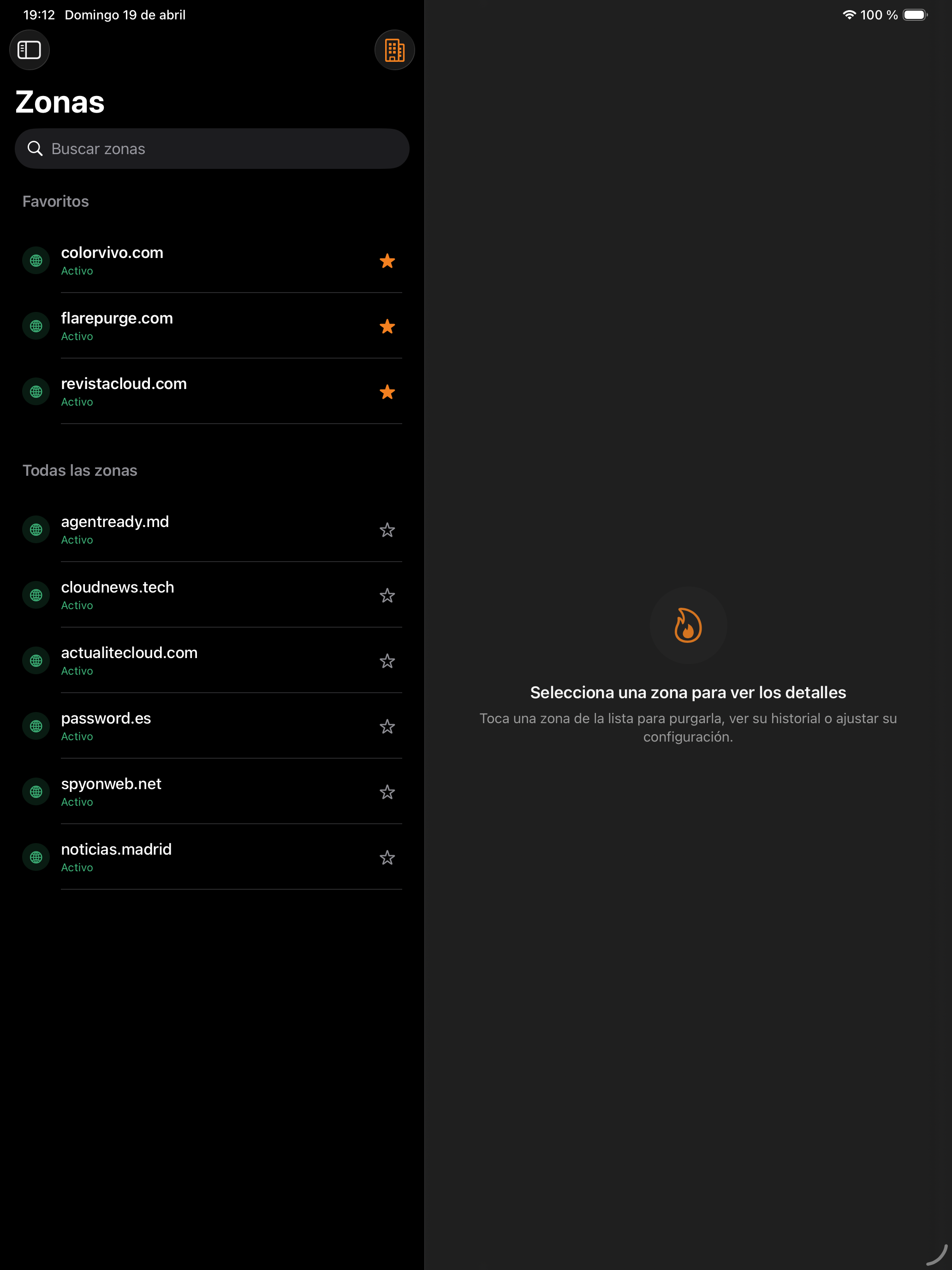 Tus zonas, agrupadas por cuenta. Favoritos arriba.