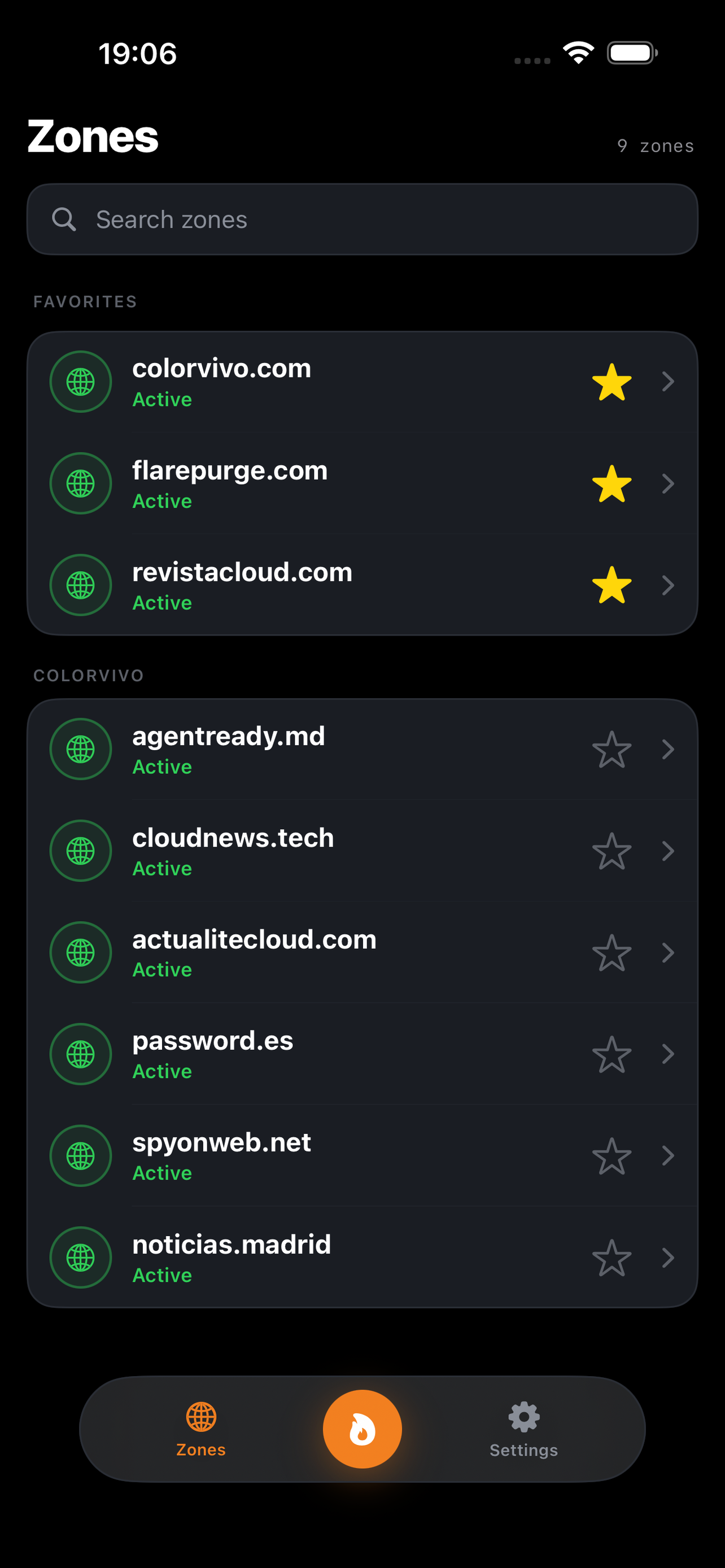 Your zones, grouped by account. Favorites pinned on top.