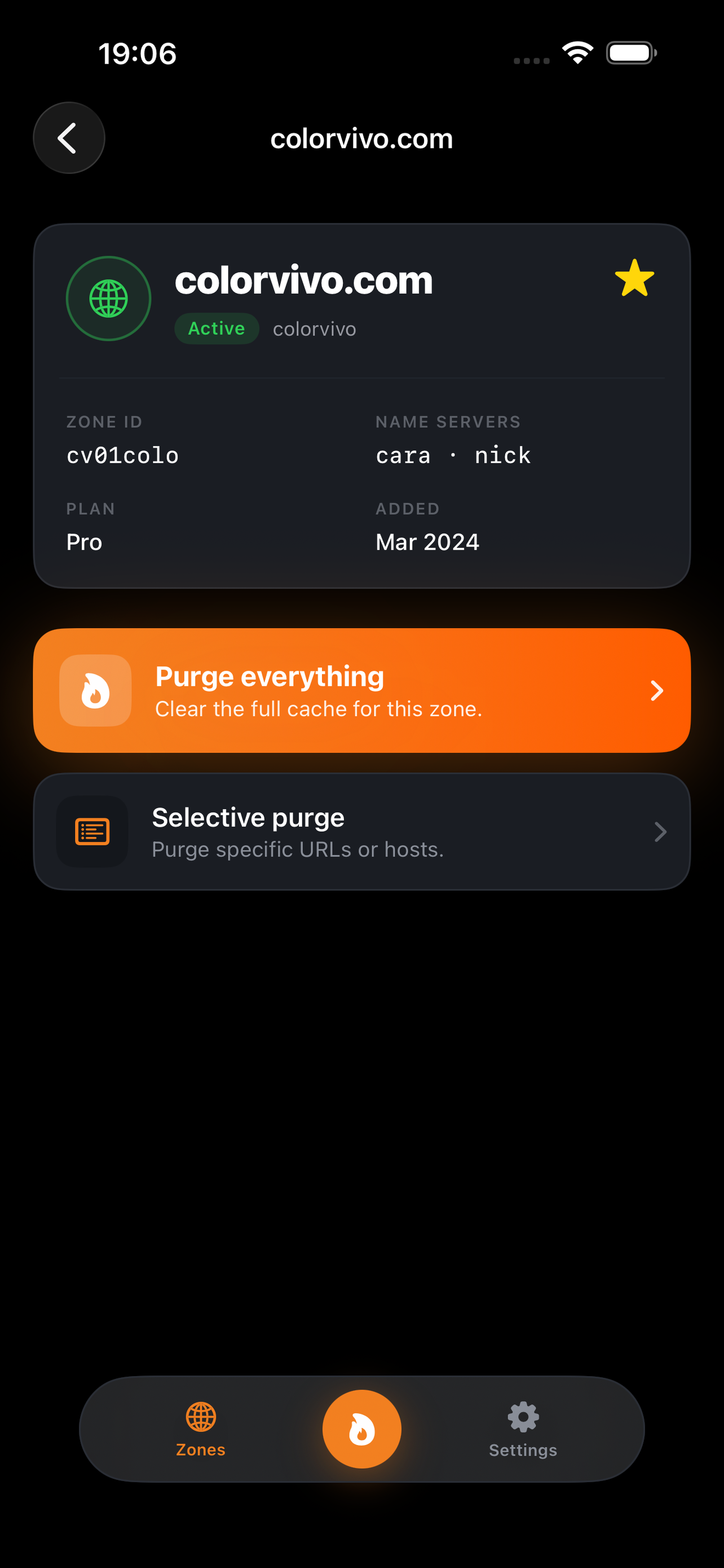 Zone detail with plan, name servers, account and creation date.