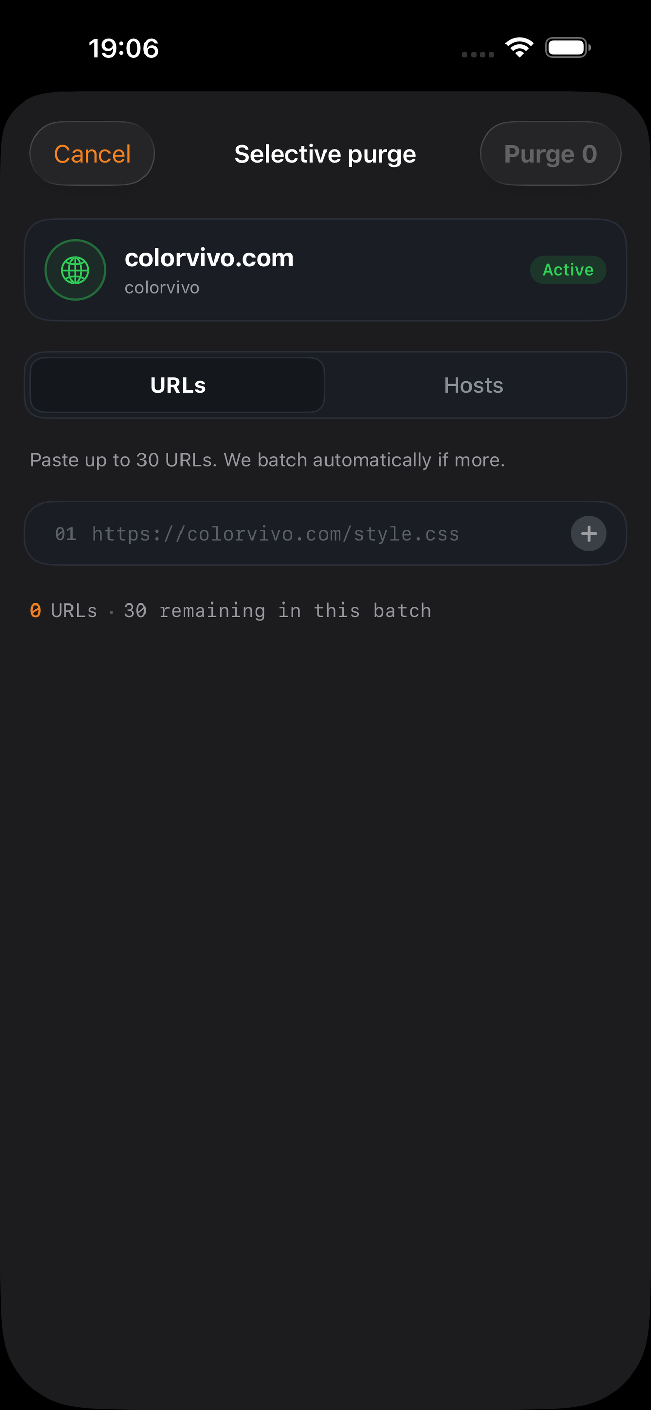 Paste up to 30 URLs or hostnames. Automatic batching.