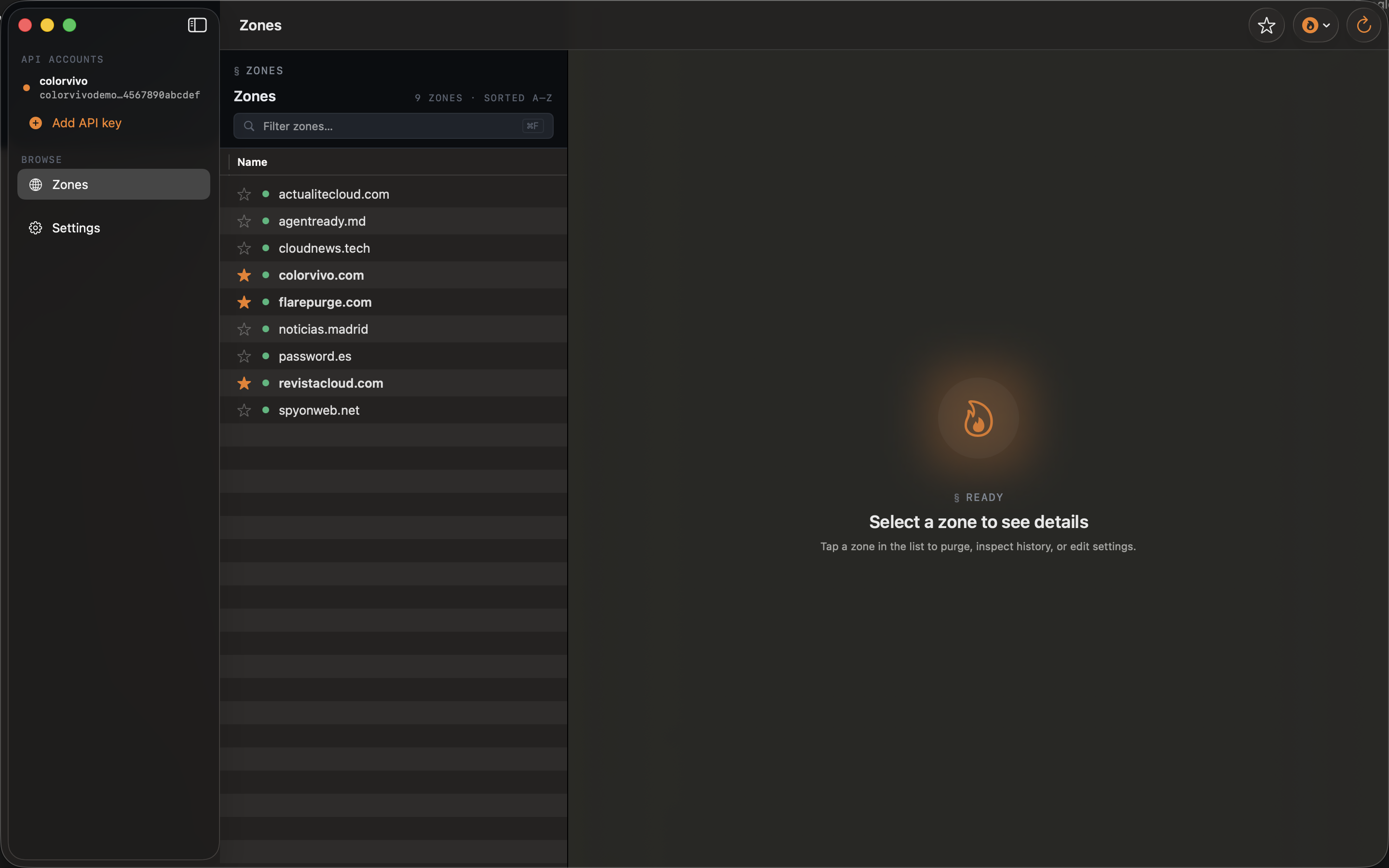Your zones, grouped by account. Favorites pinned on top.