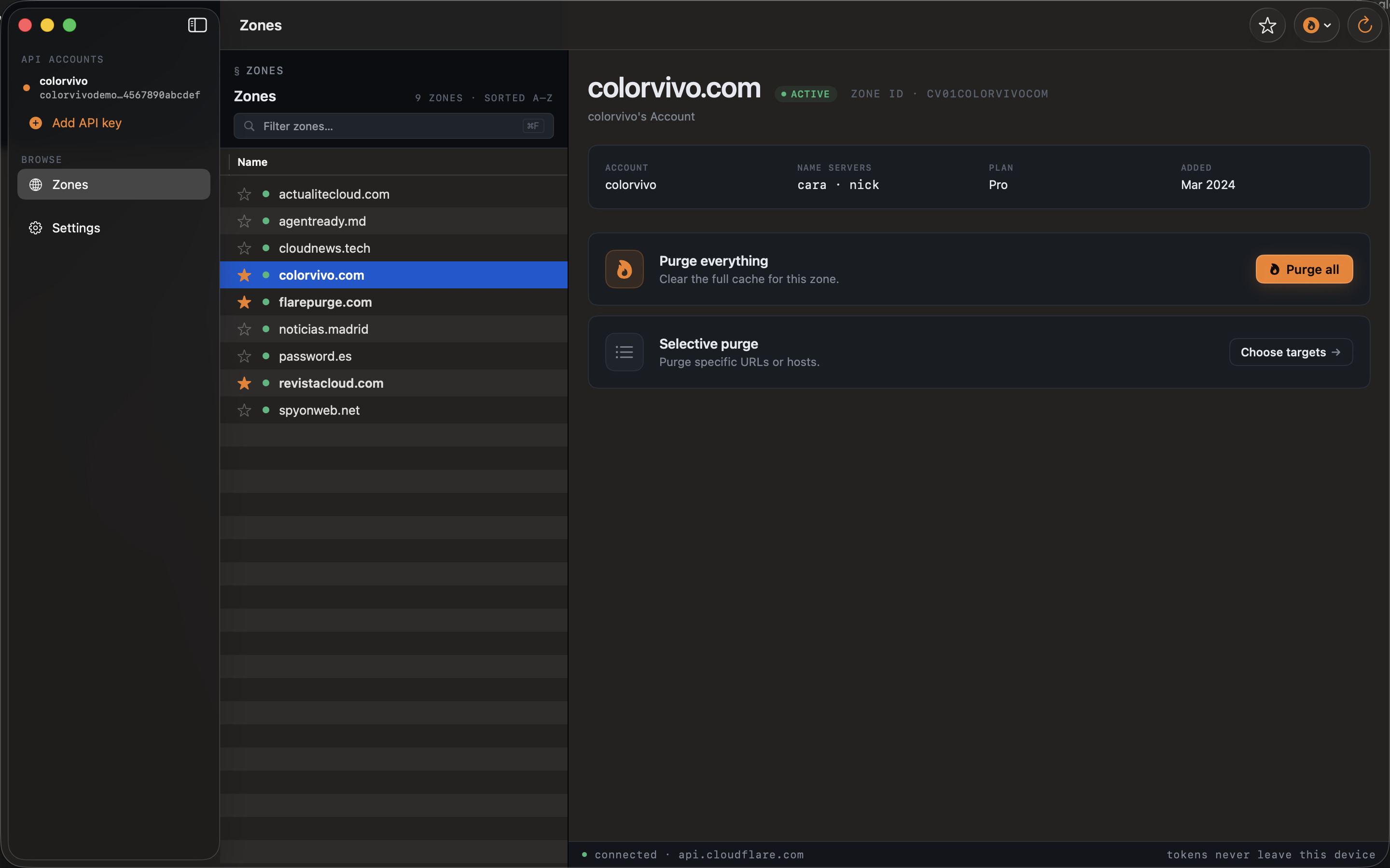 Zone detail with plan, name servers, account and creation date.