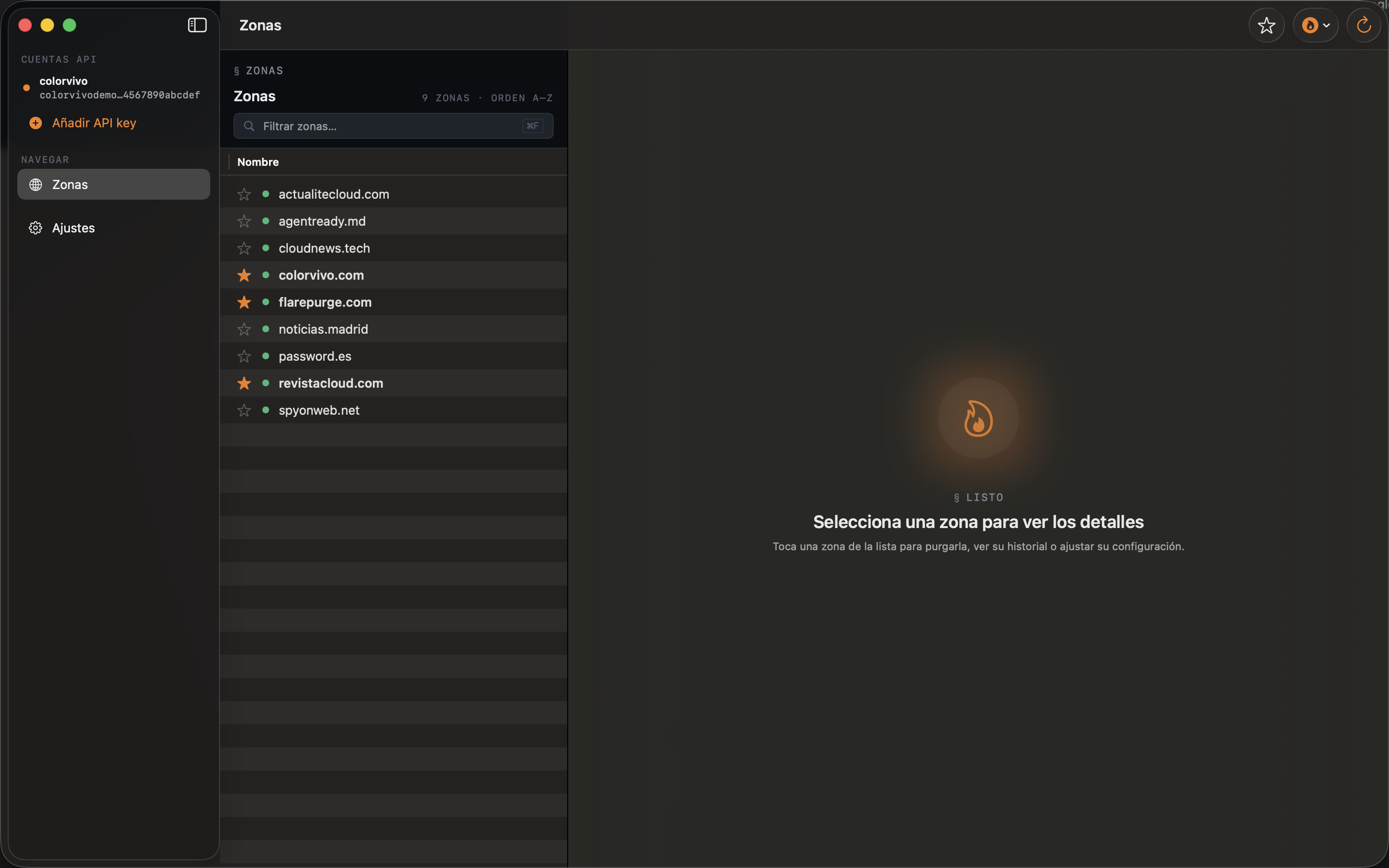 Tus zonas, agrupadas por cuenta. Favoritos arriba.