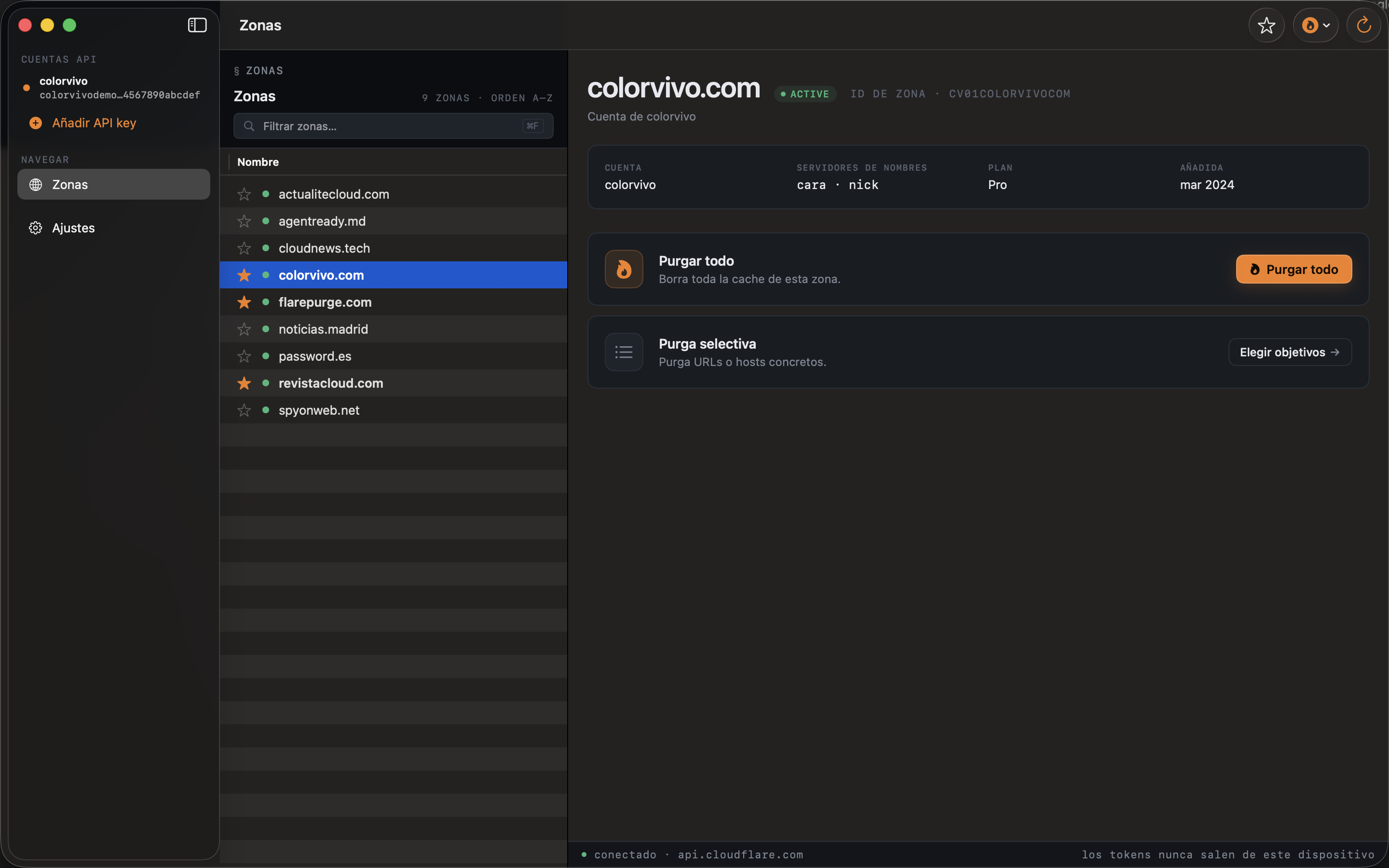 Detalle de zona con plan, name servers, cuenta y fecha.